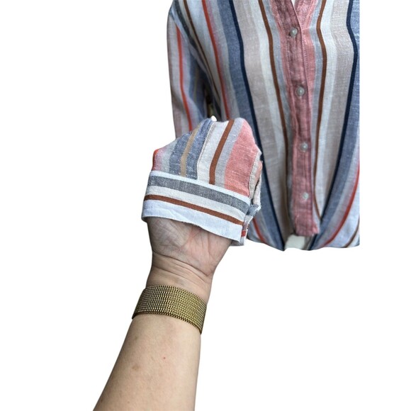 HARPER Linen Striped Button Up Tie Front Roll Cuff Sleeve Top Women's Size S - Picture 4 of 6